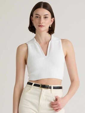 Laine Honolulu boutique White Ribbed Sleeveless cropped Polo Tank sz. M